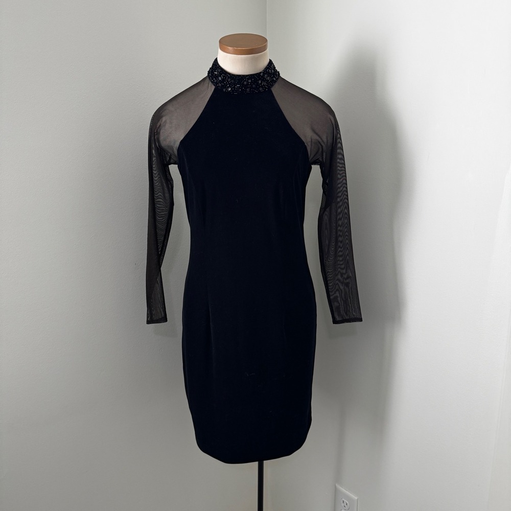 J. R. Nites Small Black Velvet Mini Dress Sheer Sleeves Beaded Evening Foraml